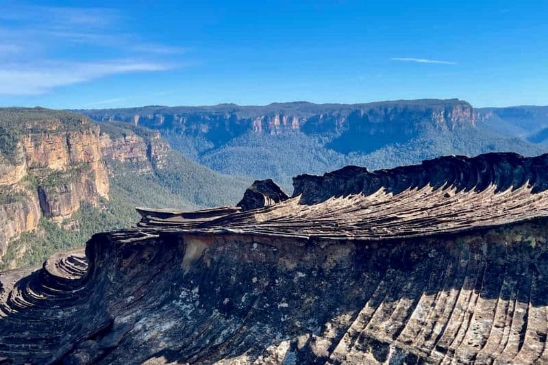 Whale skeleton-shaped rock formation at Butterbox Point with Grose Valley stretching into the distance, Blue Mountains NSW.